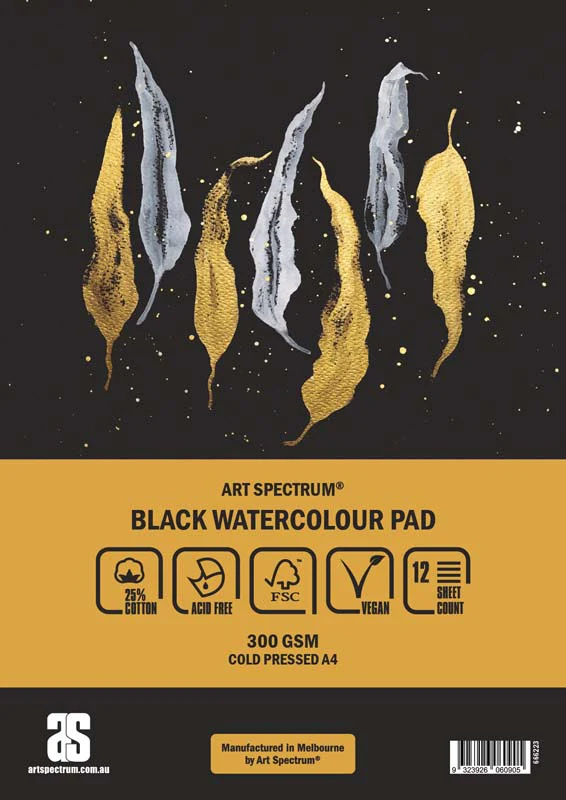 Art Spectrum Black Watercolour Pad 25% cotton, A4 300gsm 12 sheets