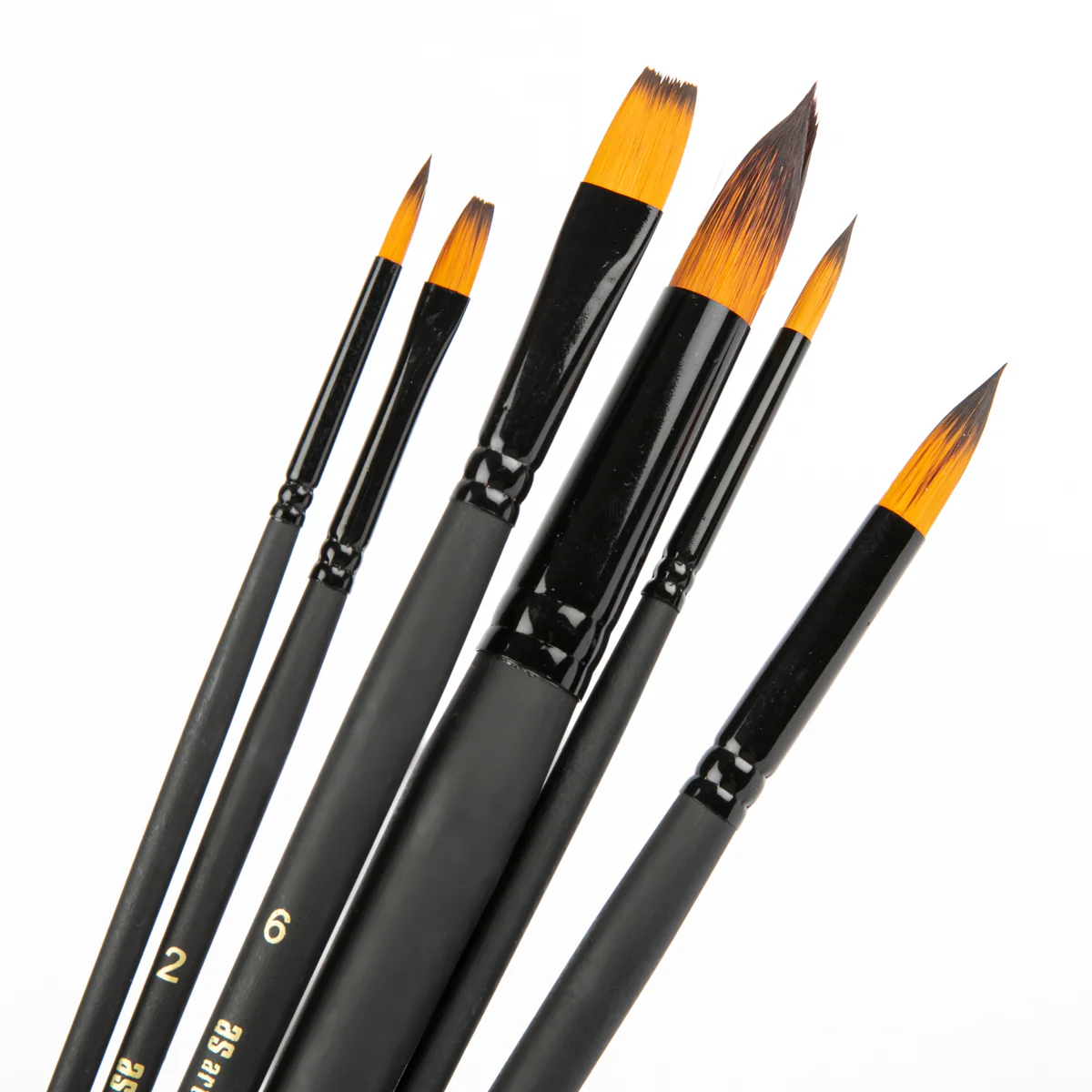 Art Spectrum Studio Series Golden Synthetic Long Handle Brush #1 - Hangcell Set Of 6 Brushes: Round 0, 2, 6 & 10, Flat 2 & 6