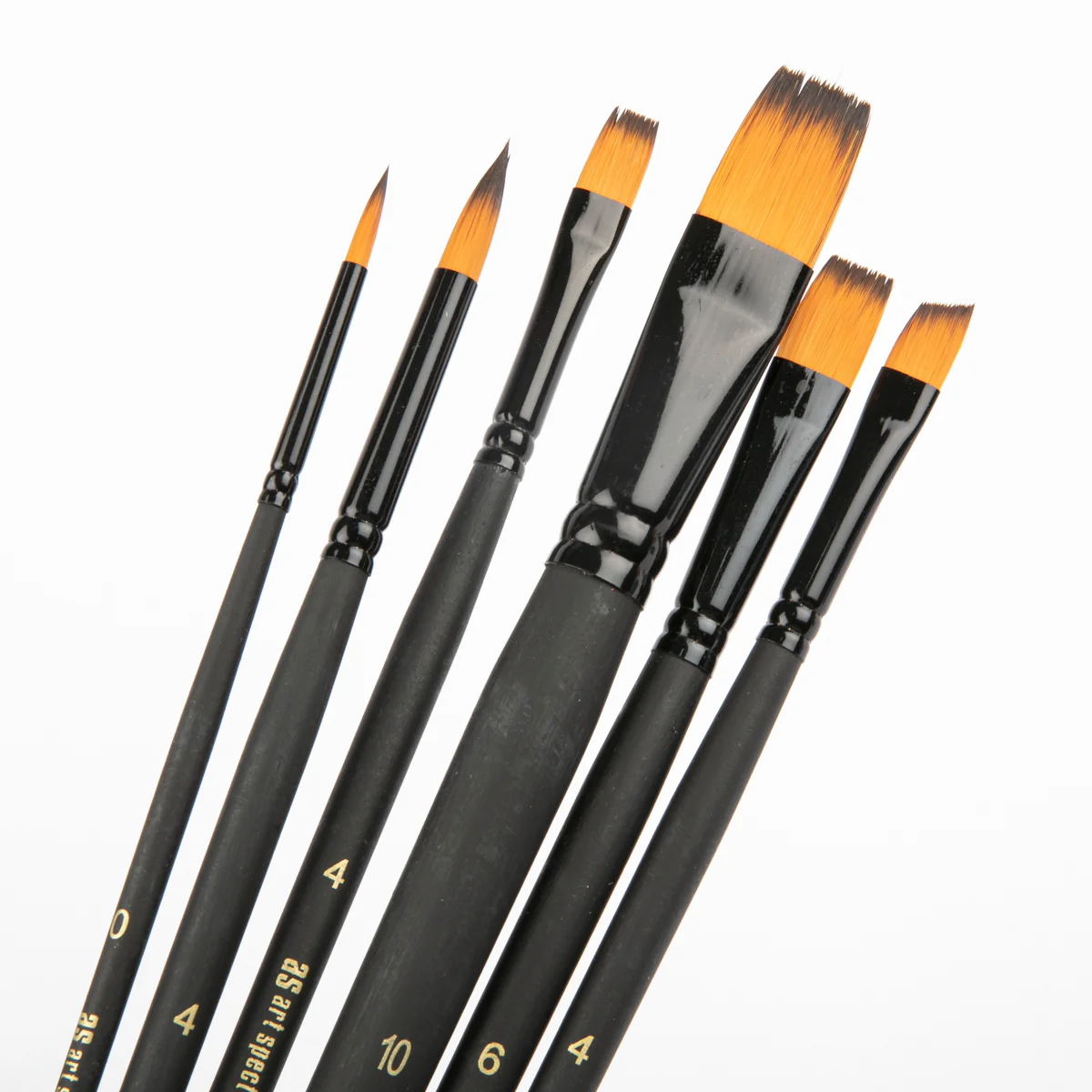 Art Spectrum Studio Series Golden Synthetic Long Handle Brush #2 - Set Of 6 Brushes: Round 0 & 4, Flat 4, 6 & 10, Angle Shader 4