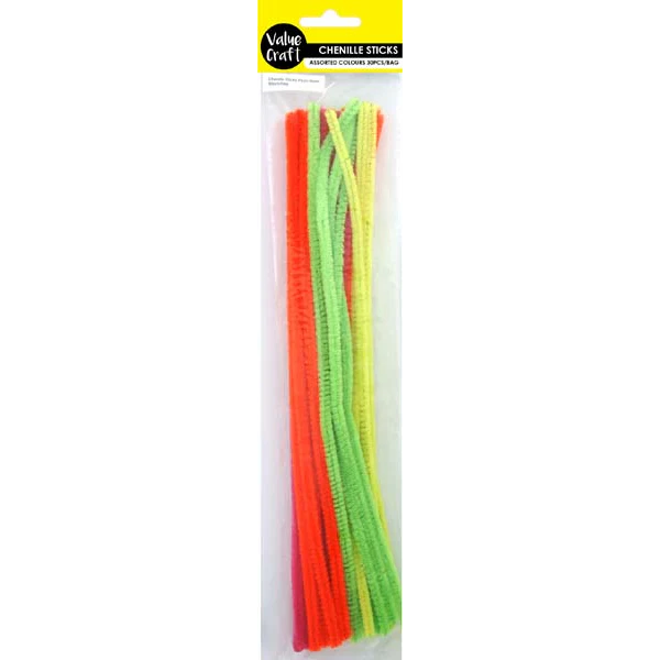 Chenille Sticks, Fluorescent Colours, 60pcs