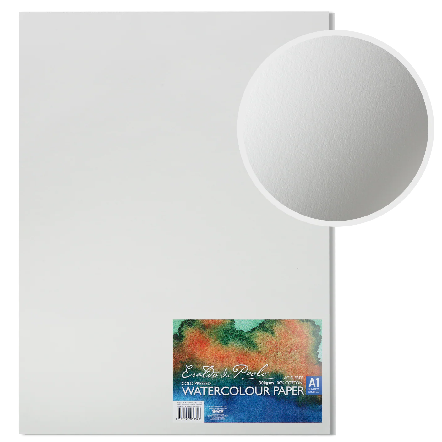 Eraldo di Paolo 100% Cotton Cold Press Watercolour Paper 300gsm Pack of 5 A1 Sheets (594x841mm)