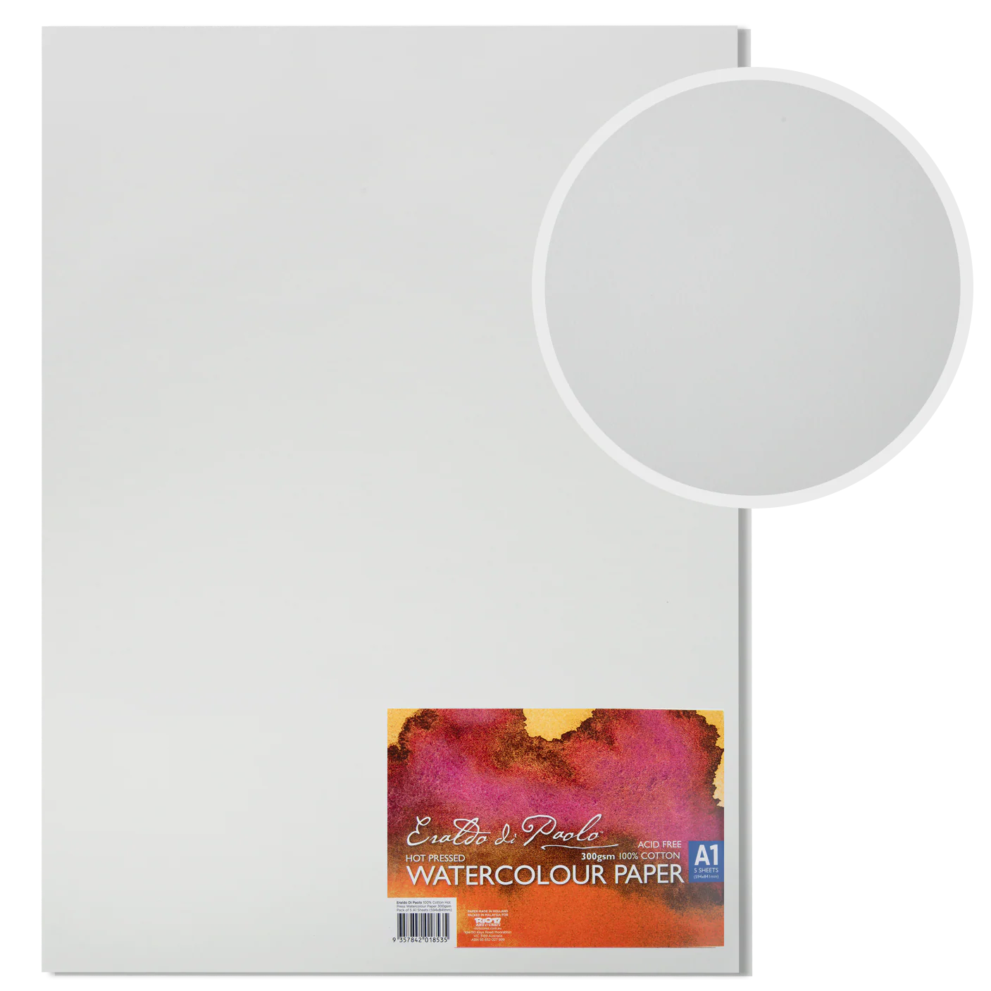 Eraldo di Paolo 100% Cotton Hot Press Watercolour Paper 300gsm Pack of 5 A1 Sheets (594x841mm)