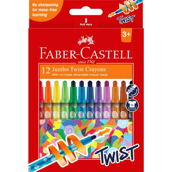 Faber Castell Jumbo Twist Wax Crayons, Assorted Colours - 12 Pack