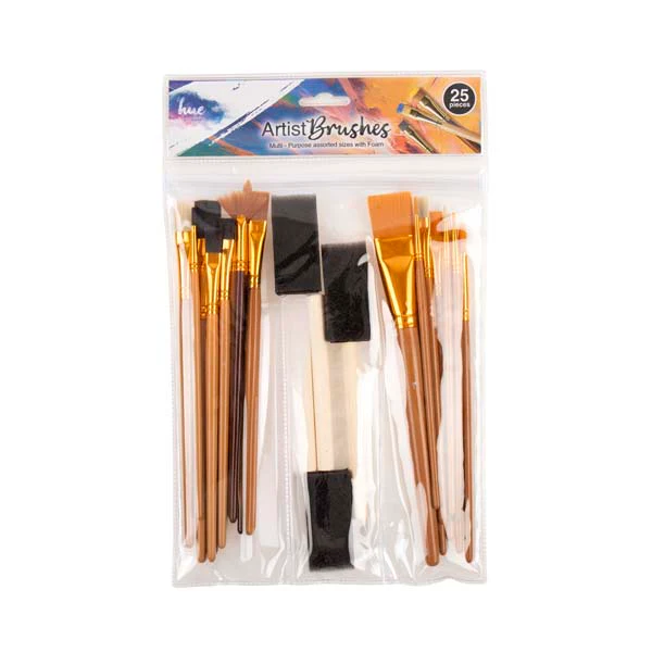 Hue Paint Brushes, Assorted Sizes with Foam, 25Pc