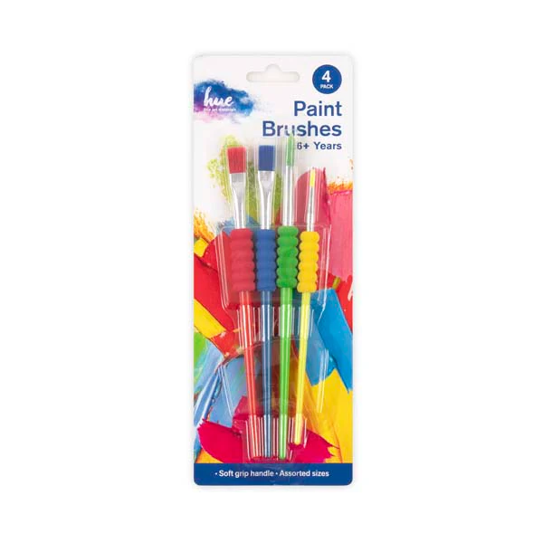 Hue Paint Brushes, Assorted Sizes with Soft Grips, 4Pc