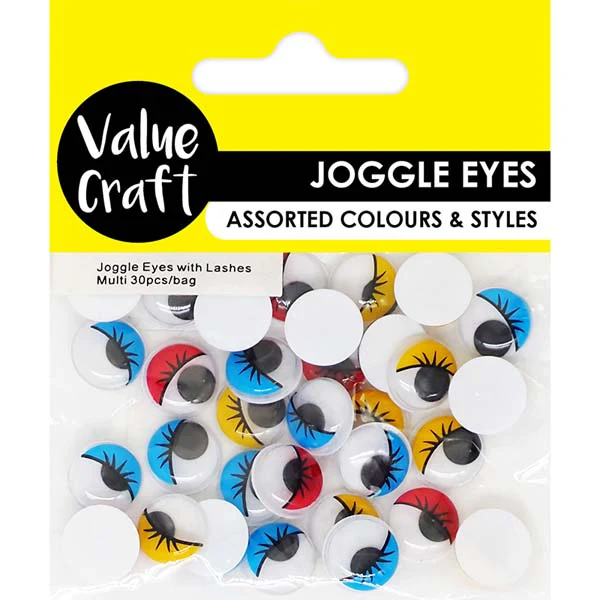 Joggle Eyes with Eyelases, Round, Assorted colours, 30pk