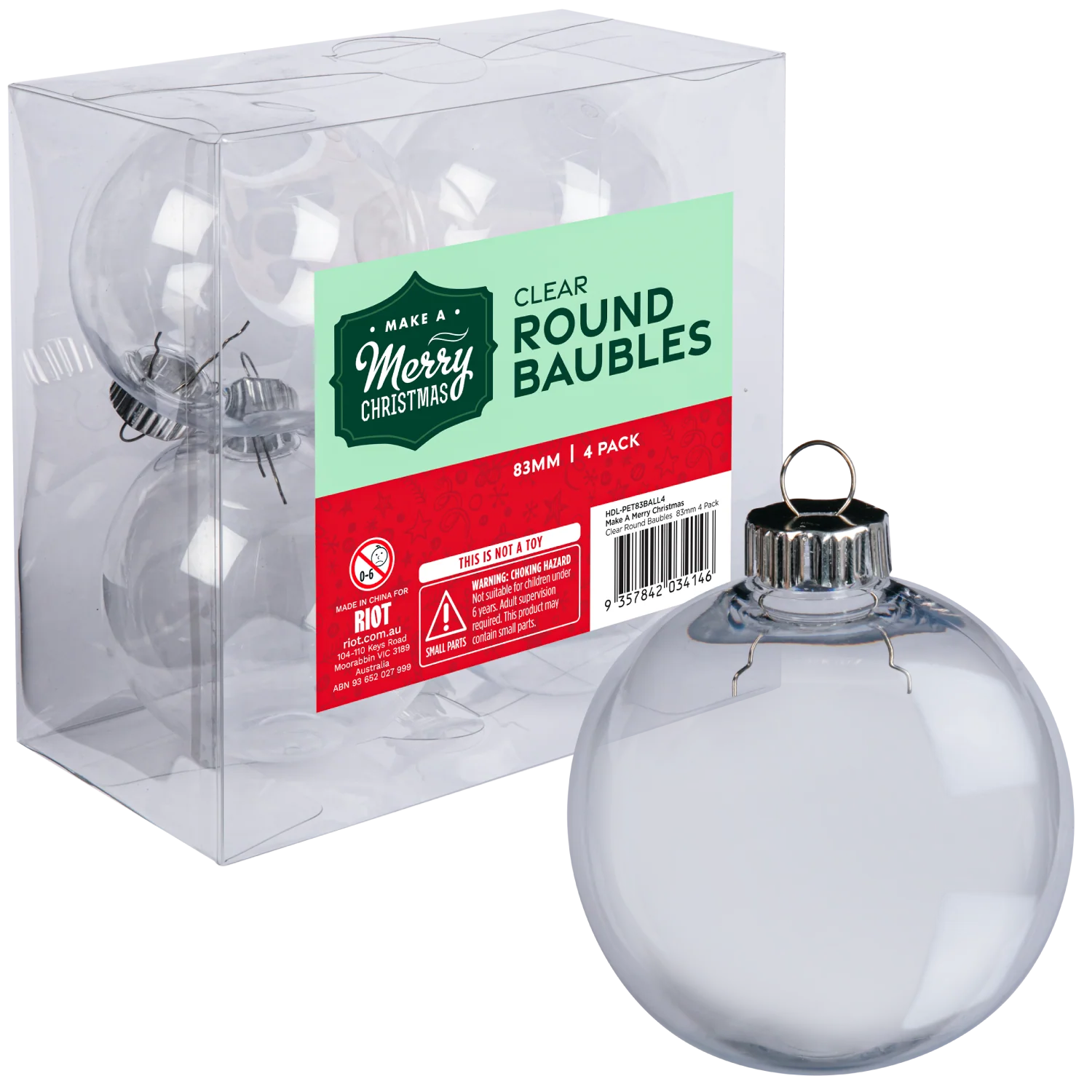 Make A Merry Christmas Clear Round Baubles 83mm 4 Pack