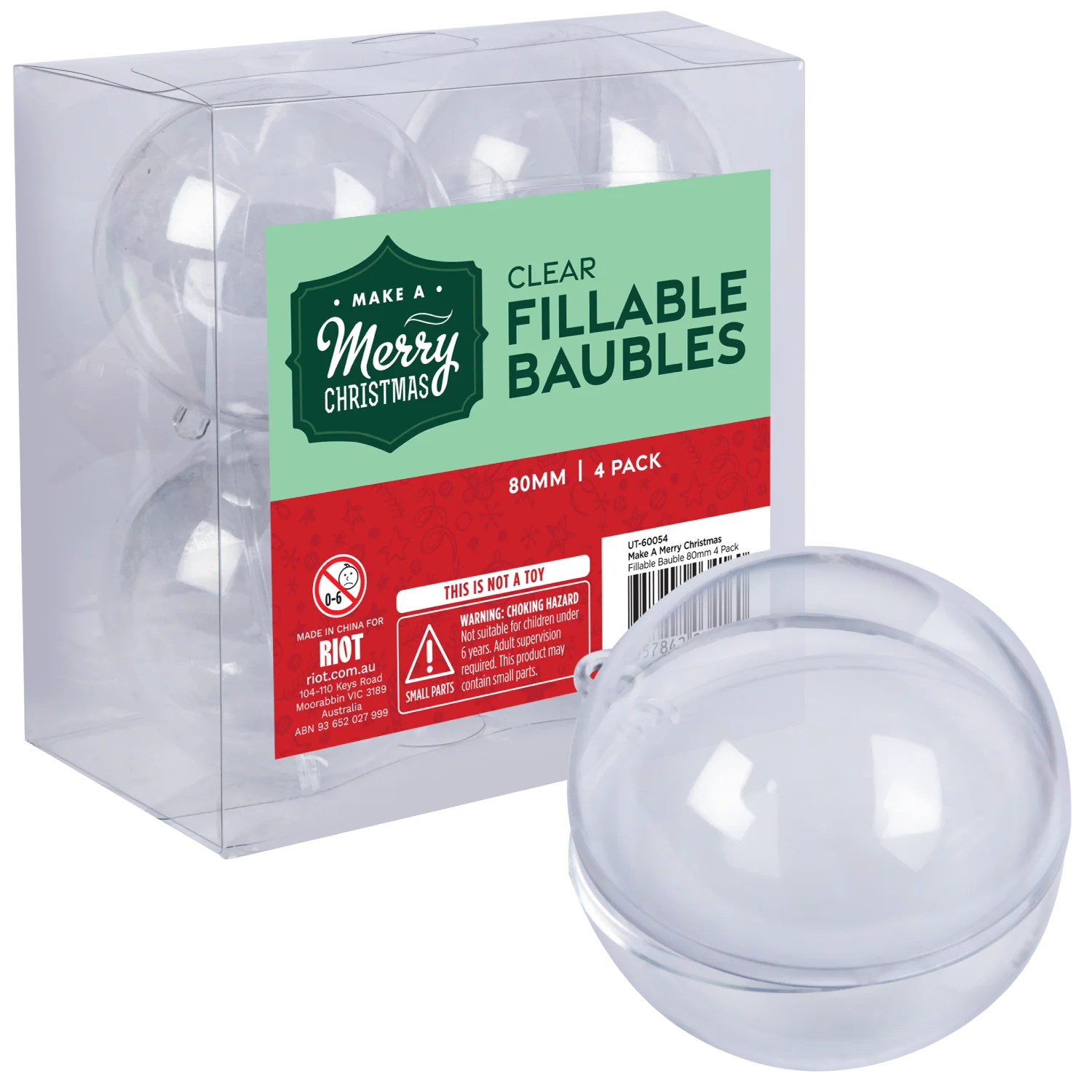 Make A Merry Christmas Plastic Fillable Bauble 80mm 4 Pack
