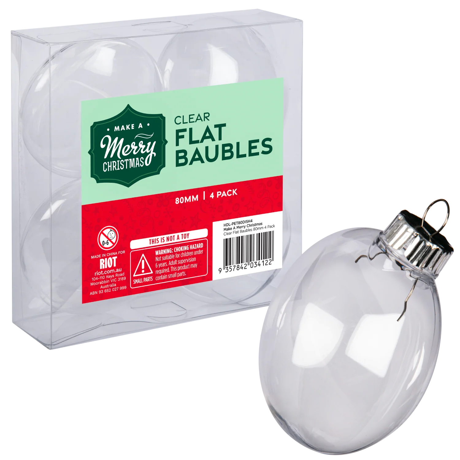 Make A Merry Christmas Clear Plastic Flat Baubles 80mm 4 Pack