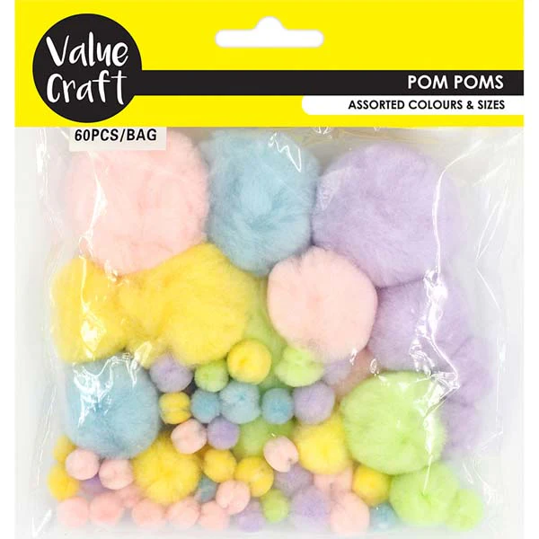 Mixed Size Pom Poms, Assorted Pastels, 60pk
