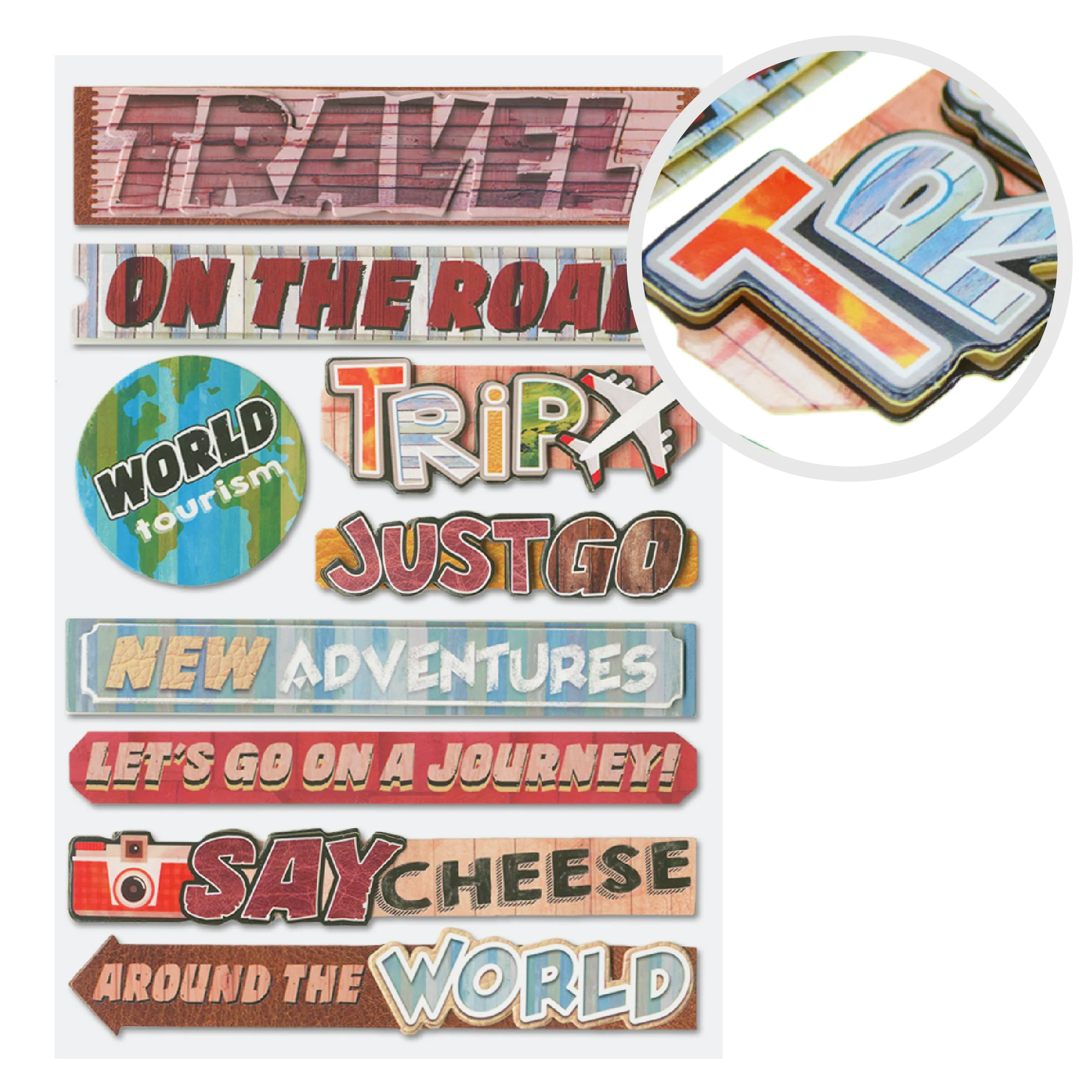 MultiCraft Handmade Stickers: 3D Chipboard Sentiments-Travel 12.5x18.5cm