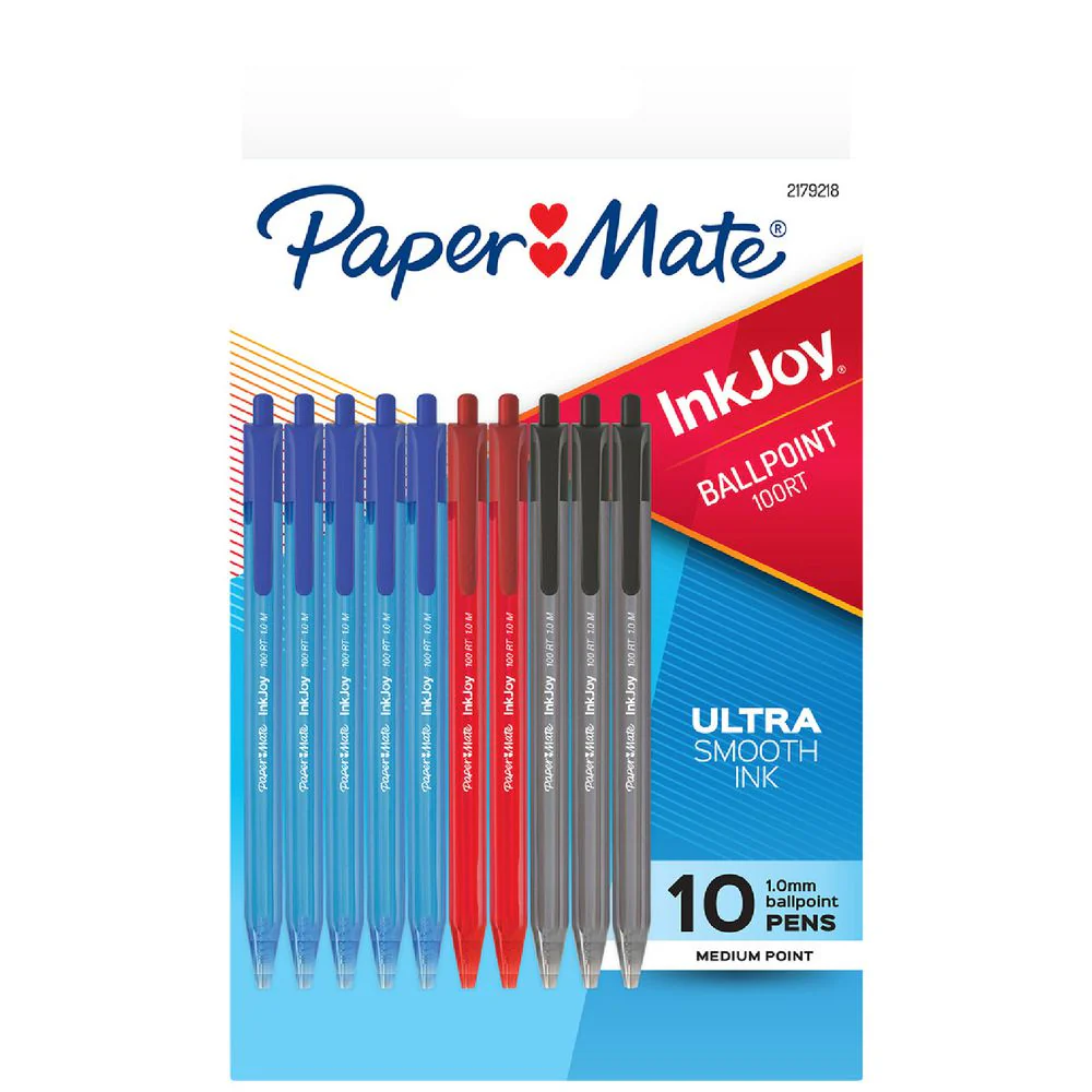 Papermate Inkjoy 100RT Retractable Ballpoint Pen 1.0mm, Classic Assorted Colours - 10 Pack