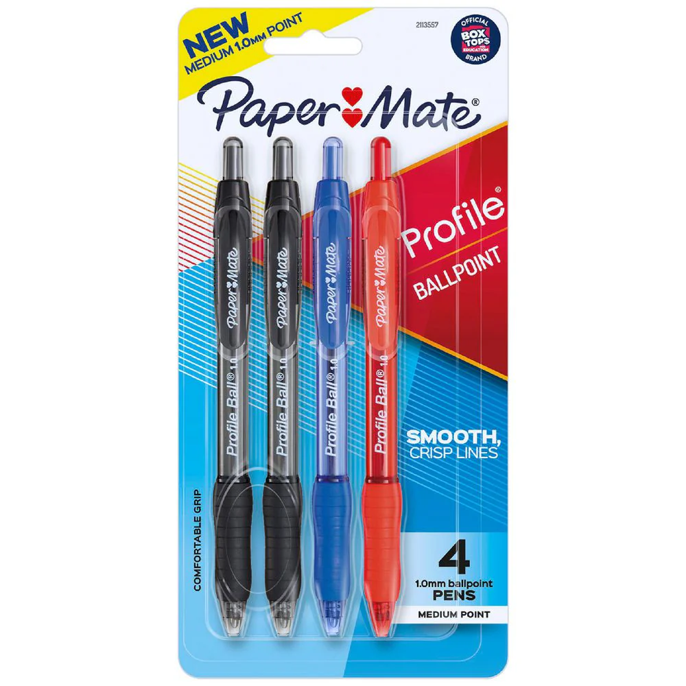 Papermate Profile Retractable Ballpoint Pen 1.0mm, Assorted Colours - 4 Pack