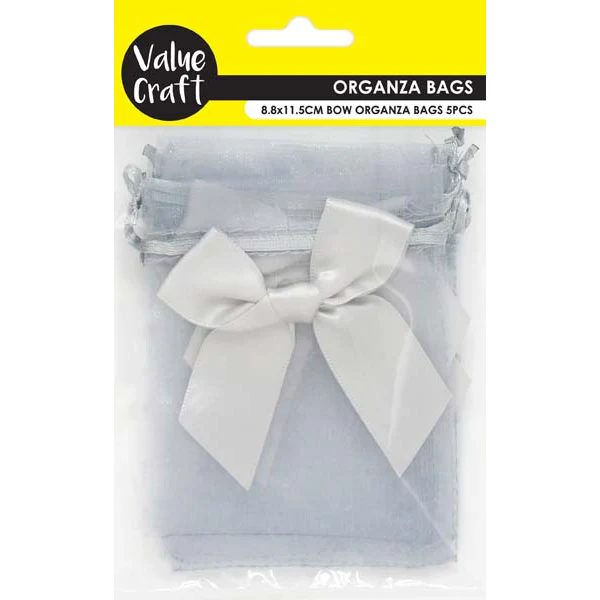 Party Mini Bow Organza Bags, Silver, 8.8x11.5cm, 5pk