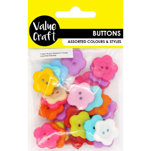 Plastic Buttons with Thread, Flower Assortment, 30g