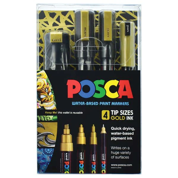 Posca Paint Marker, Assorted Tips, Gold, 4Pk