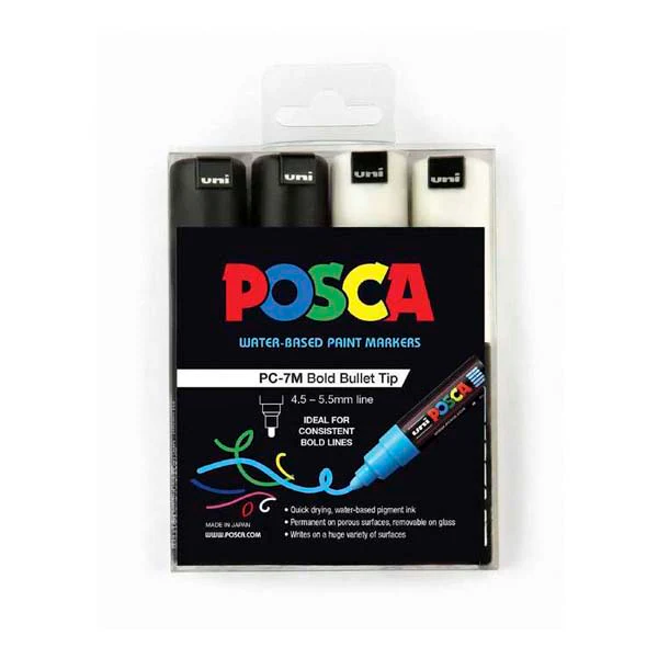 Posca PC-7M Paint Markers, Black & White, 4Pk