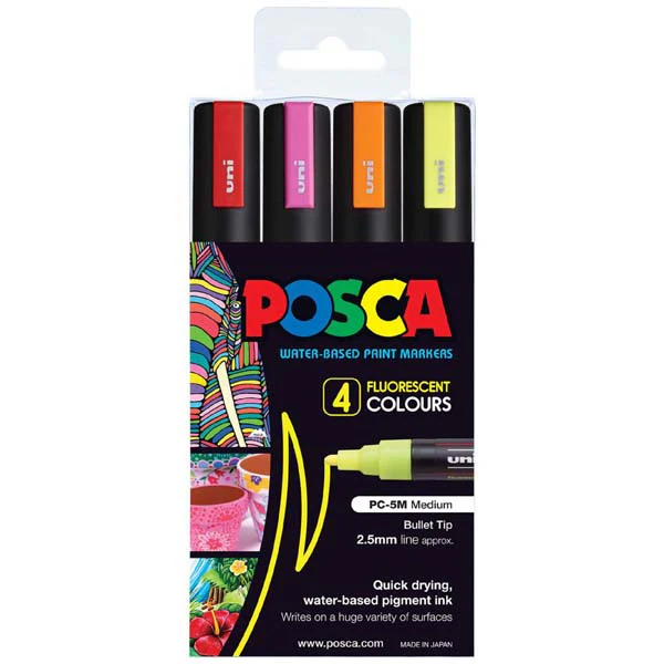 Posca PC5M Paint Markers, Fluorescent Colours, 4Pk