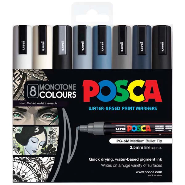 Posca PC5M Paint Markers, Monotone Colours, 8Pk