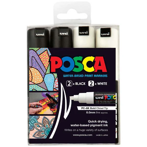 Posca PC8K Paint Markers, Black & White, 4Pk