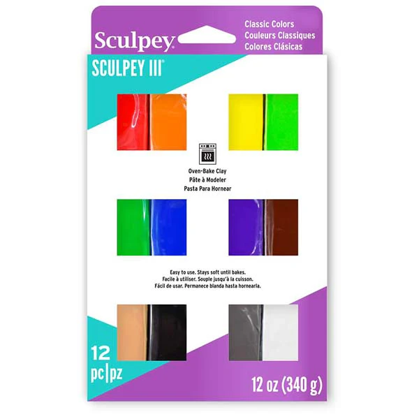 Sculpey III Modelling Clay Multi Pack, Classic Colours, 12x 1oz/ 28g bars
