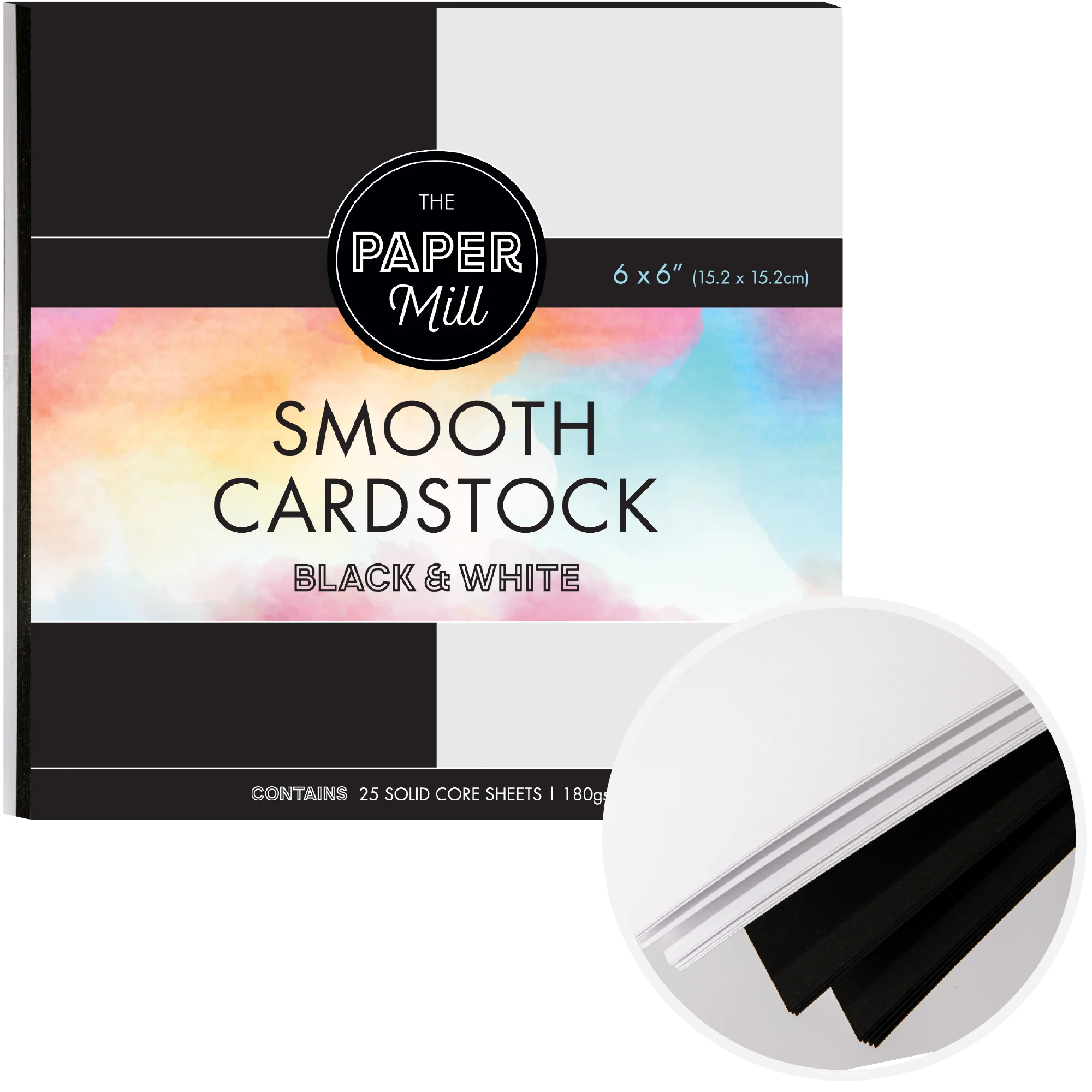 The Paper Mill Coloured Core Smooth Cardstock 180gsm 15x15cm (6 x 6") 25 Sheets Black & White