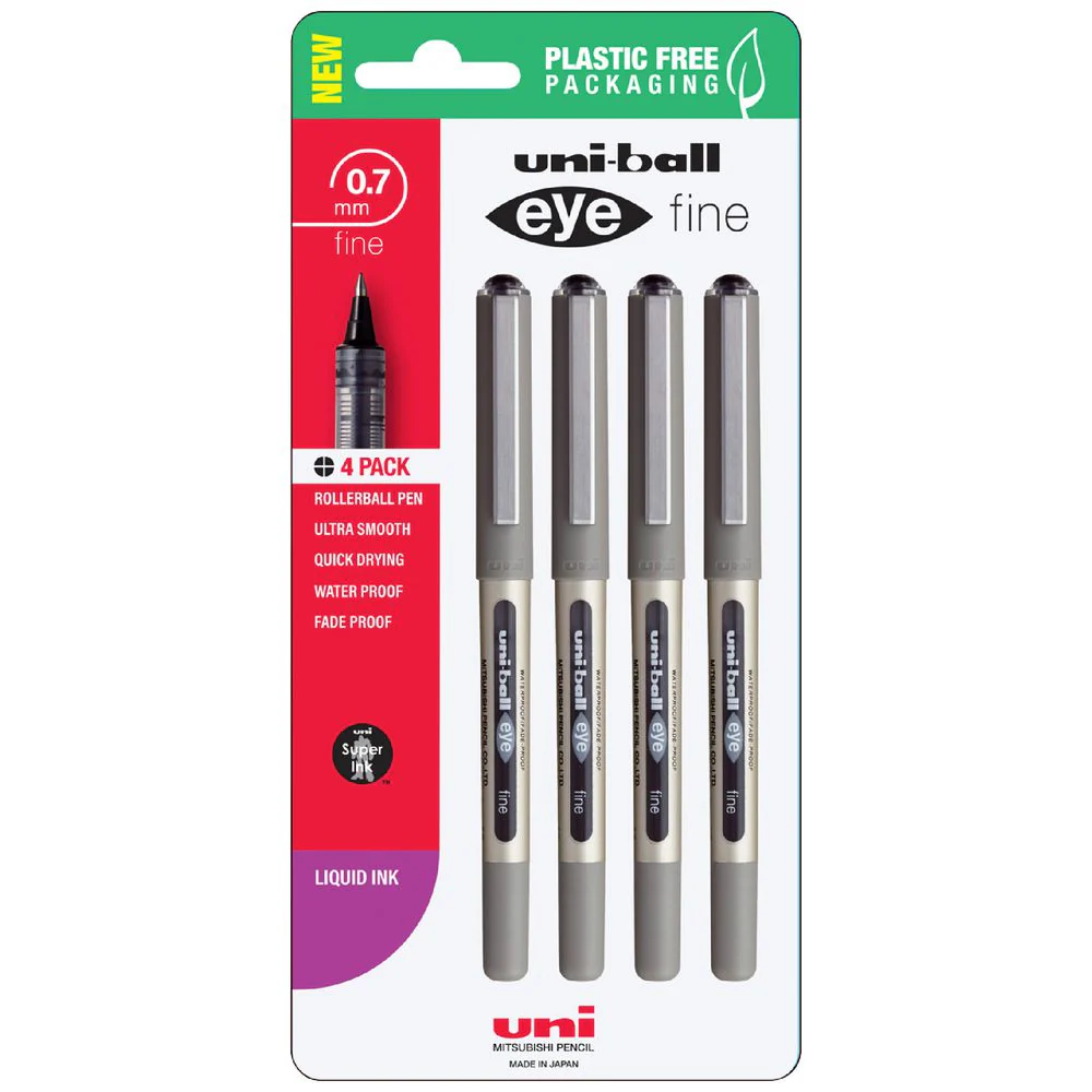 UNI-BALL Eye Fine UB157 Rollerball Pen 0.7mm, Black - 4 Pack
