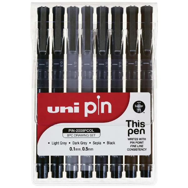 UNI PIN Fineliner, 0.1mm & 0.5mm Nibs, Assorted Ink, Pk8