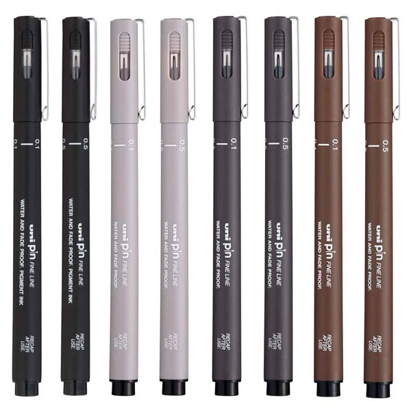 UNI PIN Fineliner, 0.1mm & 0.5mm Nibs, Assorted Ink, Pk8 - Image 2