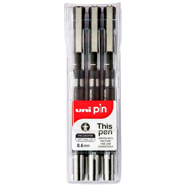 UNI PIN Fineliner, 0.6mm, Black Ink, Pk3
