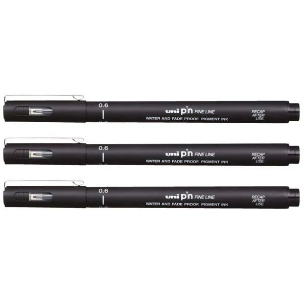 UNI PIN Fineliner, 0.6mm, Black Ink, Pk3 - Image 2