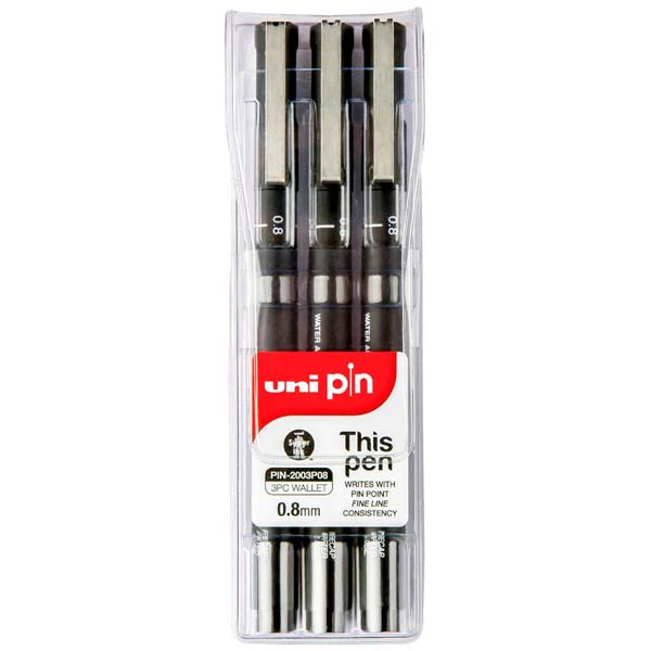 UNI PIN Fineliner, 0.8mm, Black Ink, Pk3