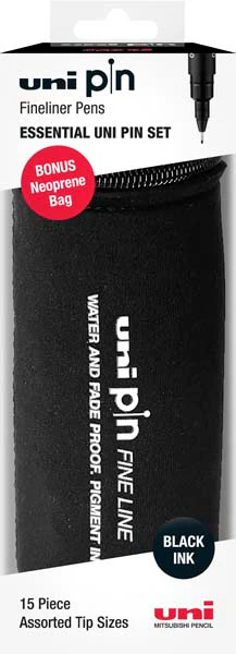 UNI PIN Fineliner with BONUS Pencil Case, Assorted Colours, Pk15