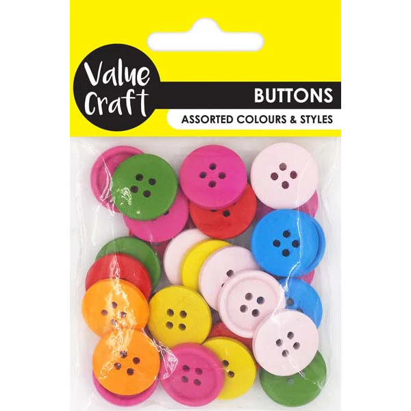 Wooden Buttons, Assorted Colours & Sizes, 20g