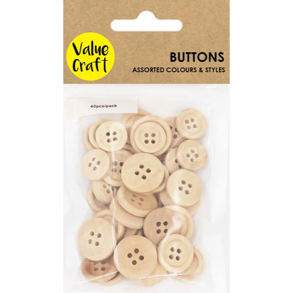 Wooden Buttons, Assorted Sizes, 40pk