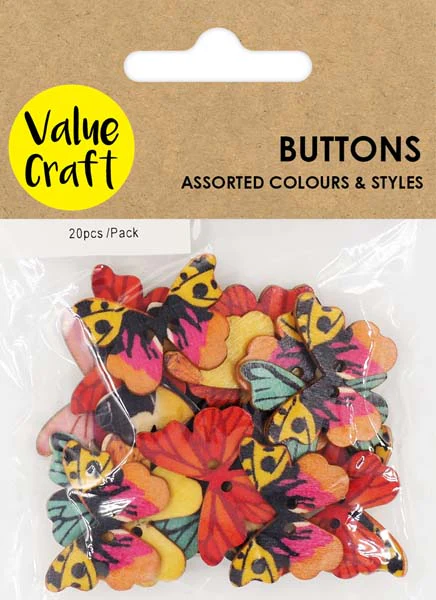 Wooden Buttons, Butterfly Assortment, Assorted Colours, 20pk