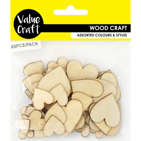 Wooden Shapes, Assorted Hearts, 60pcs